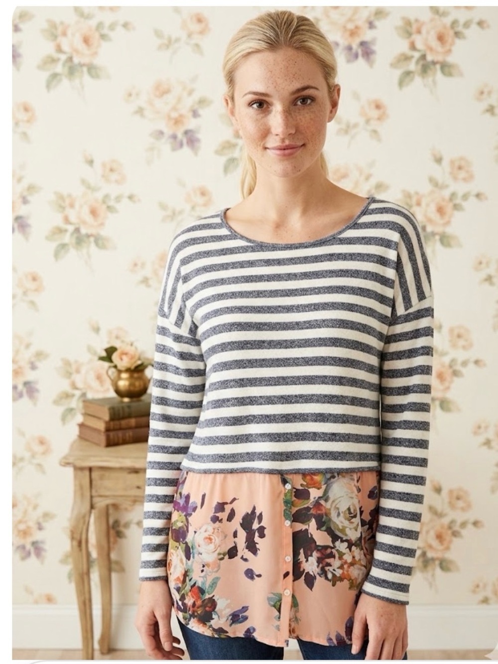 Anthropologie Postmark Ginny Layered Striped Floral Tunic Top - Size Medium